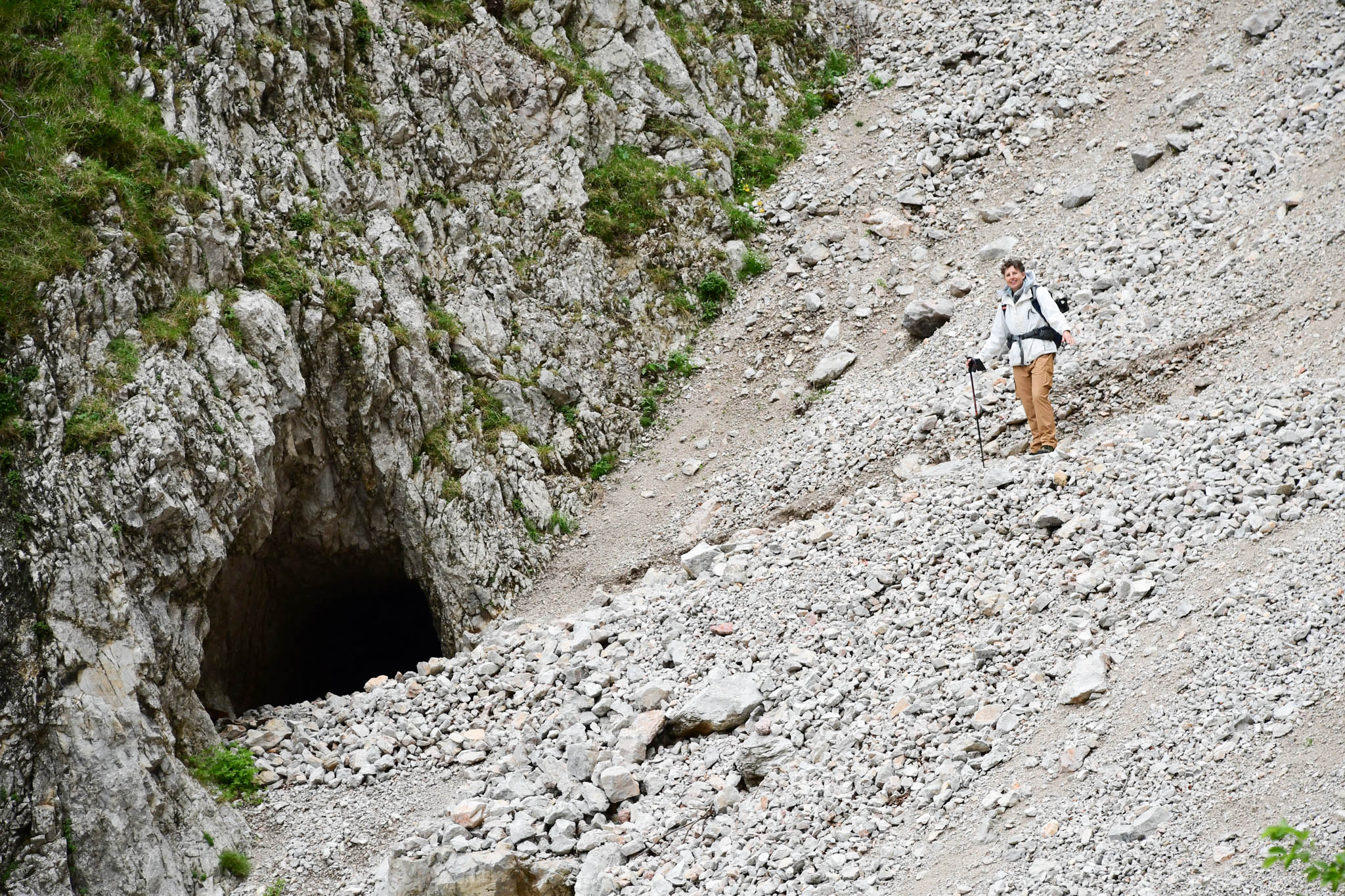 Born Tunnel Entrance - Nadine on scree slope